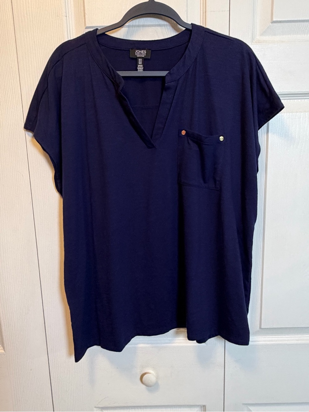 Jones New York Signature XL Navy Split Neck Pocket Blouse Top